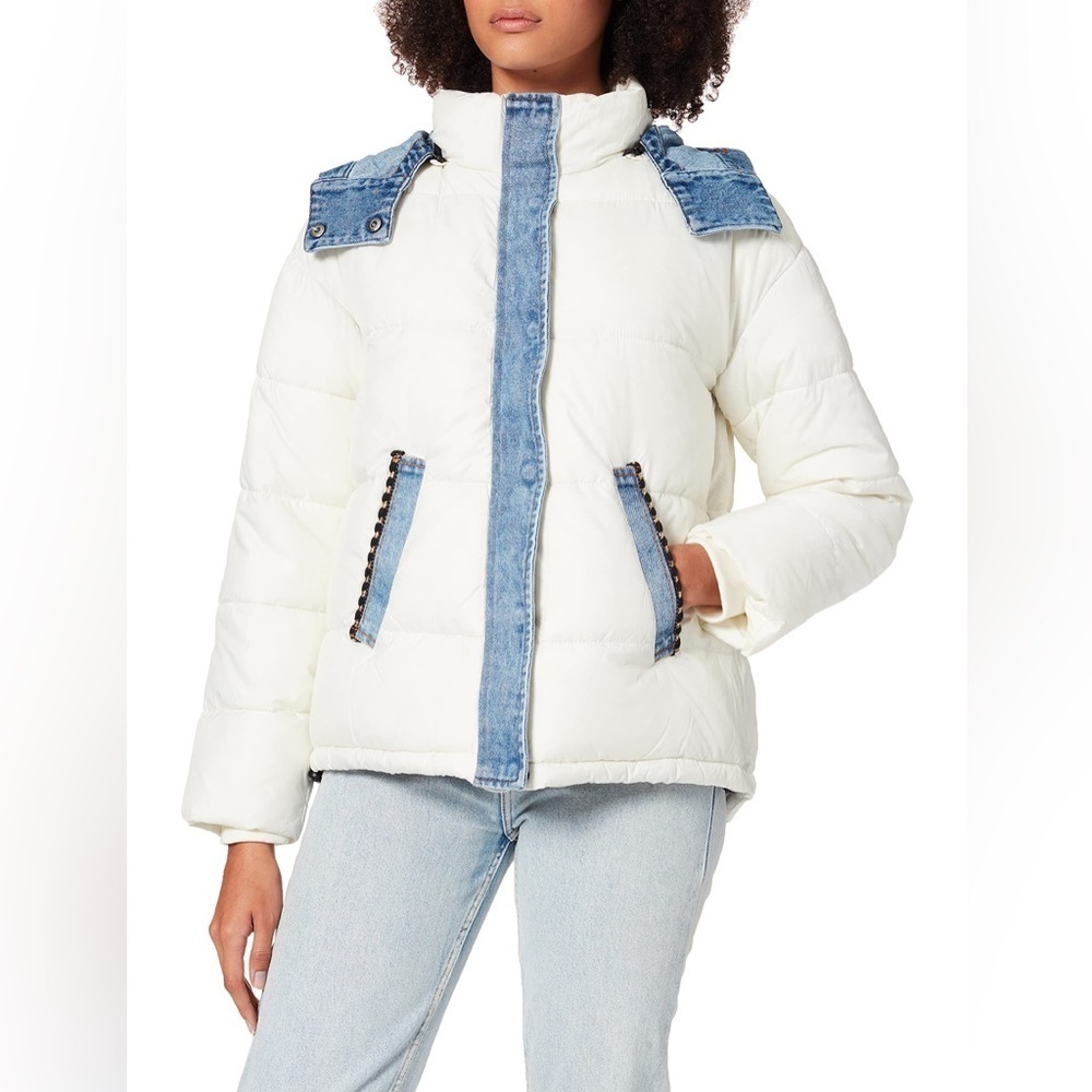 Desigual White And Denim Puffer Jacket Manteau Austen Coat Size Large NWT